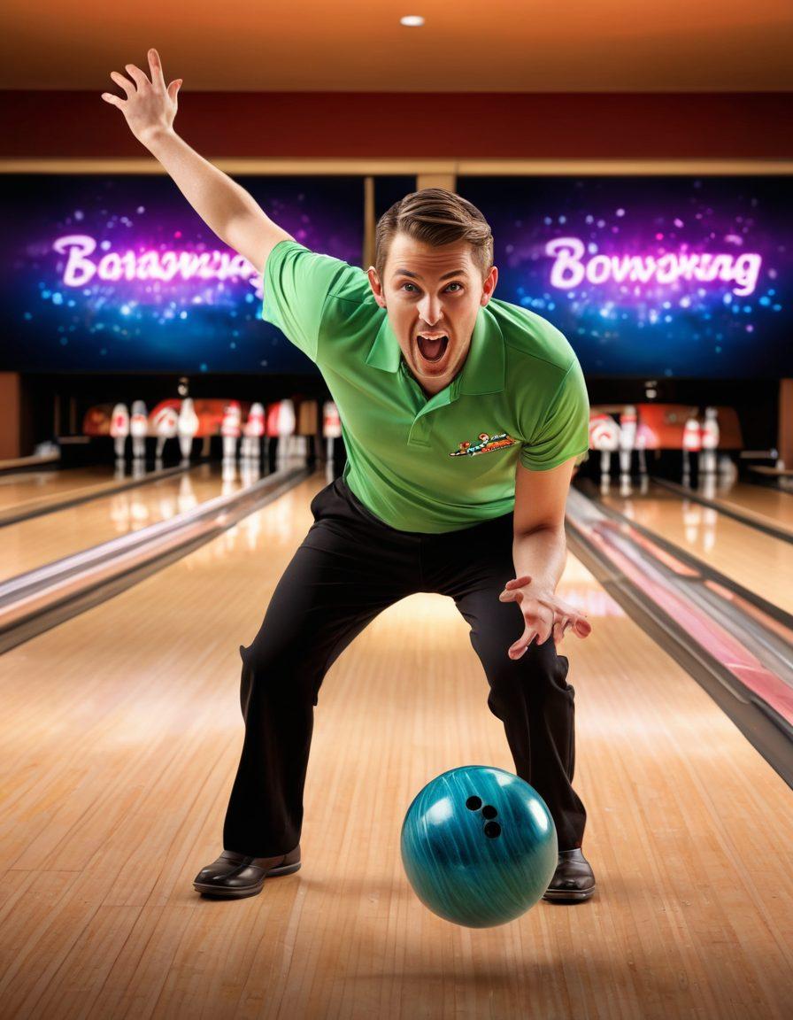 A dynamic bowling scene capturing a bowler in mid-action, releasing a shimmering bowling ball towards glowing pins, with colorful score displays in the background. Include tips and tricks visually illustrated around the players, like grip techniques and stance advice. The environment should be lively, filled with cheering crowds and neon lights to emphasize excitement. super-realistic. vibrant colors. action-packed.