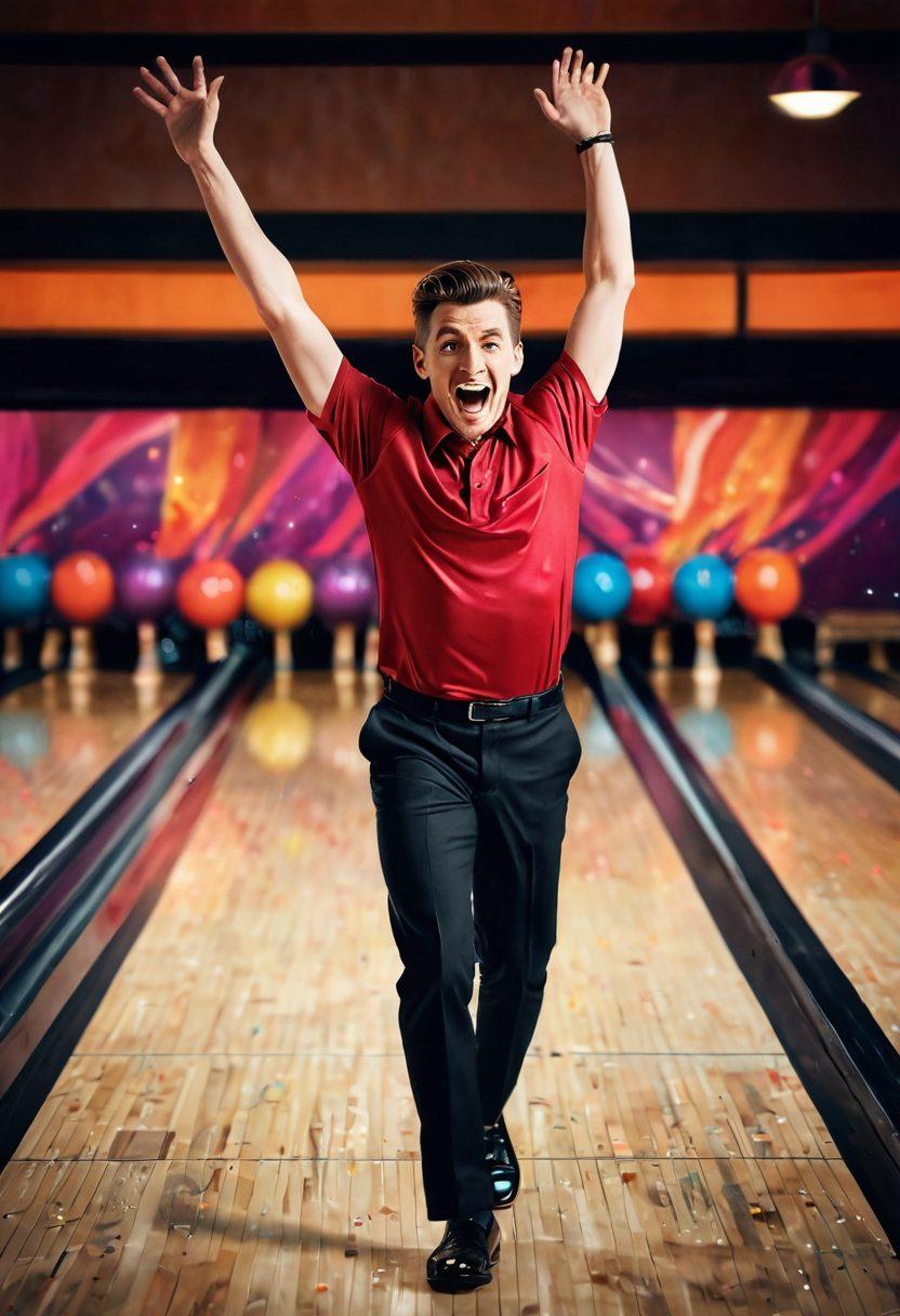 A dynamic scene of a bowler in action, mid-delivery, with vivid bowling pins flying through the air. Surrounding elements include a vibrant bowling alley filled with colorful lights and excited spectators clapping. Include an infographic style overlay with tips and techniques for bowlers artistically integrated into the background. Create a sense of motion and energy to engage the viewer. super-realistic. vibrant colors. dynamic composition.
