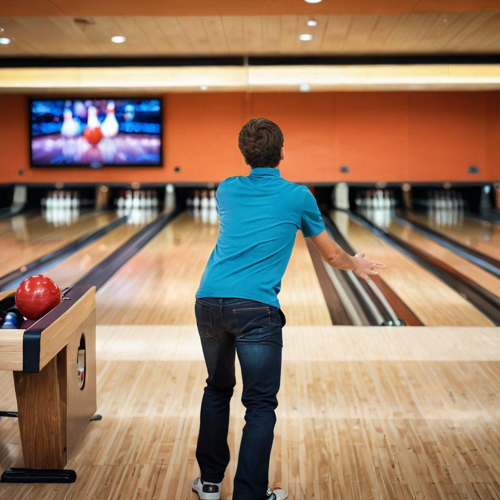 A dynamic bowling alley scene featuring a split view of an amateur bowler with a focused expression on the left and a pro bowler demonstrating perfect technique on the right. Include a vibrant scoreboard displaying impressive scores, colorful bowling balls, and cheering spectators in the background. Highlight the energy of competition with a blurred motion effect on the bowling ball mid-roll. super-realistic. vibrant colors. action-packed.
